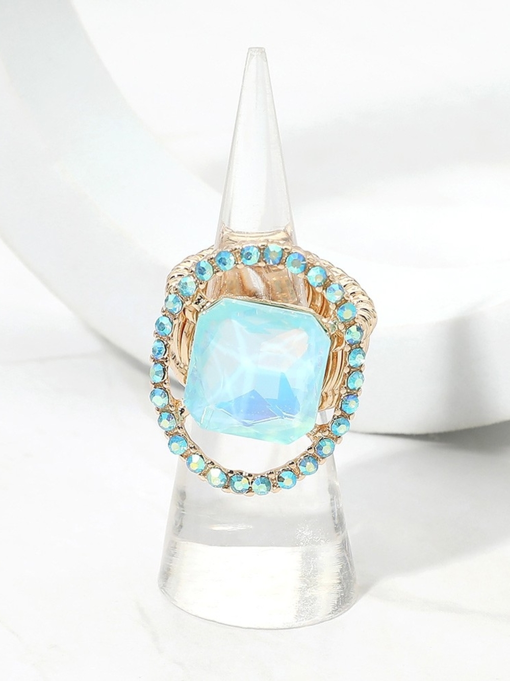 Aqua Crystal Square Stone Rhinestone Rim Stretch Ring Finger Statement Jewelry